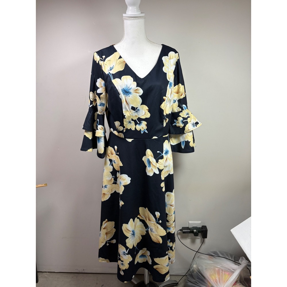 Dress Tells Womens XL Navy Blue Yellow Floral V-Neck Tiered Bell Sleeve Dress
